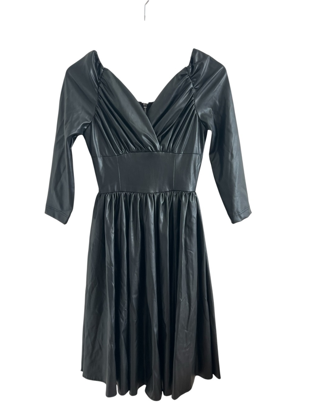 Black Faux Leather V-Neck Fit & Flare Dress